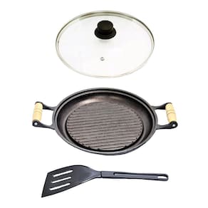 Chapa Grill Redonda Antiaderente Alça T/V 23x23cm e Espátula