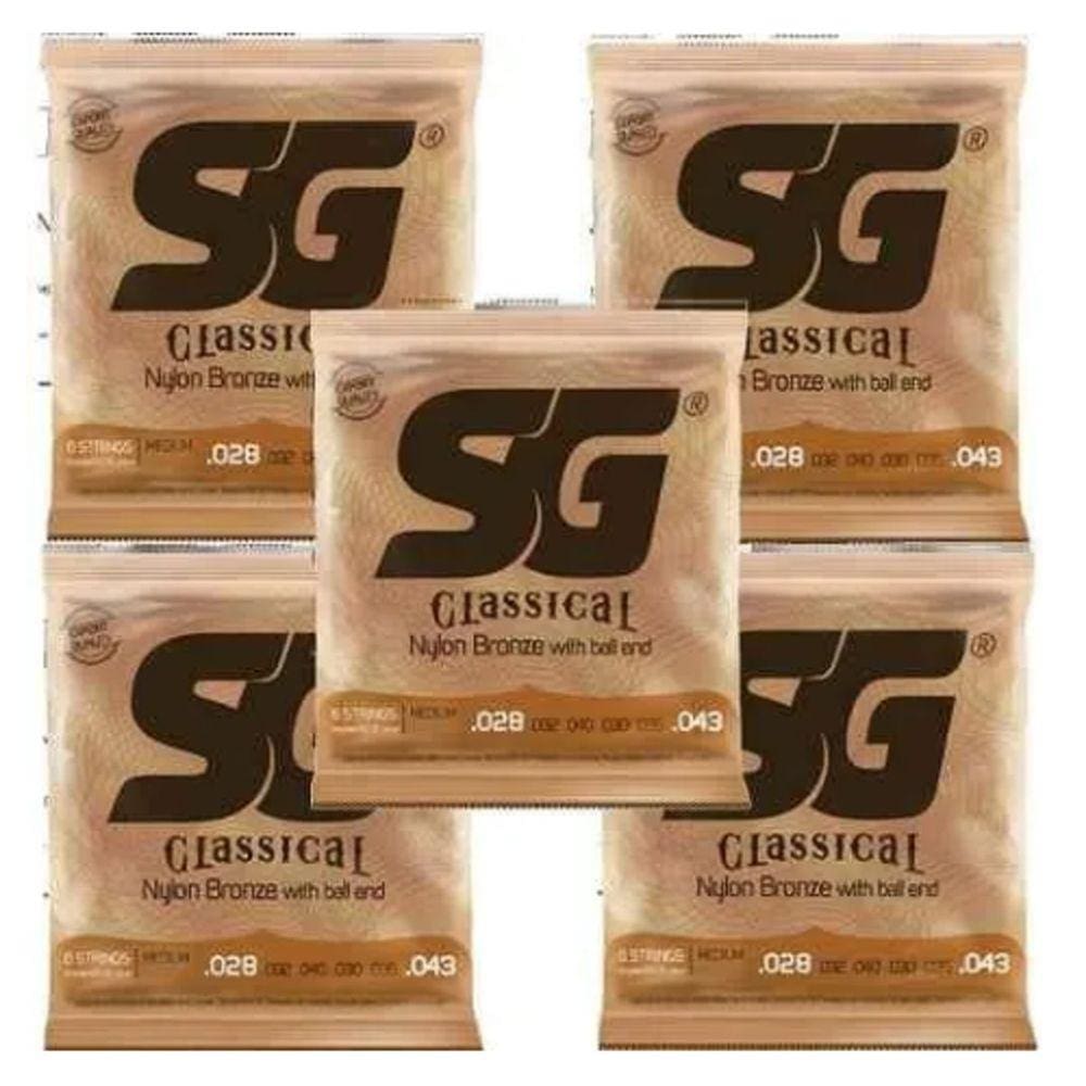 Kit 5 Encordoamento Violão Nylon Bronze Sg Tensão M 65 / 35