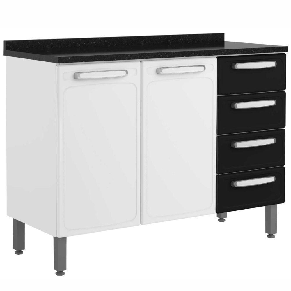 Armário Balcão Aço 2 Portas 4 Gavetas C/Tampo Branco/preto
