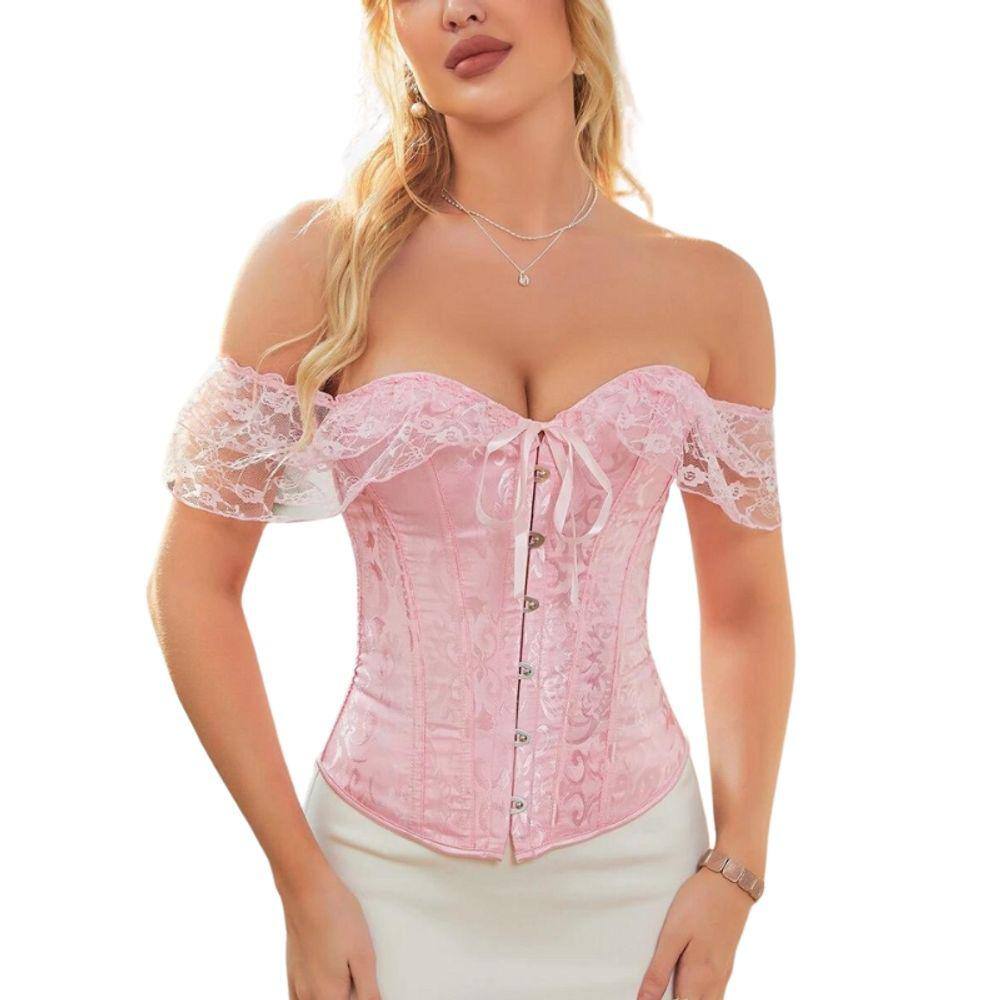Corset Corselet Blusa Modeladora Manga Curta Renda Floral Linha Clássica Rosa Claro M699