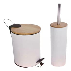 Conjunto Lixeira 3l E Escova Sanitária Branco Tampo Bambu