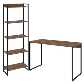 Kit Escritório Estante 5 Prateleiras Com Mesa 120Cm Nogal
