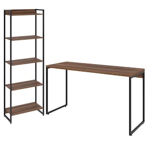 Kit Escritório Estante 5 Prateleiras Com Mesa 135Cm Nogal