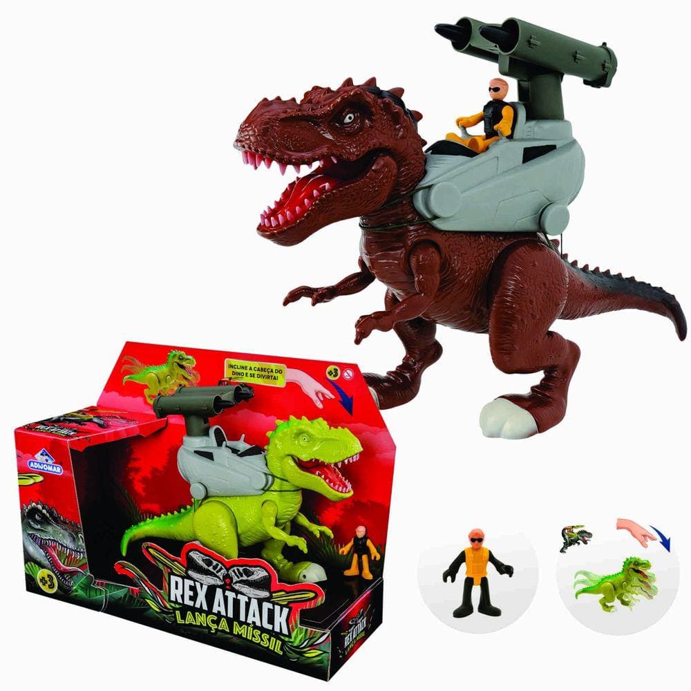 Figura - Dinossauro Rex Attack - Lança Míssil - Verde - Adijomar