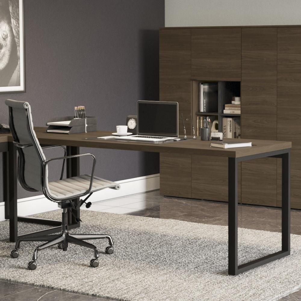 Mesa Escrivaninha Escritório Kappesberg 190 cm Quarto Sala Aço Preto Industrial Tampo Marrom Madeira