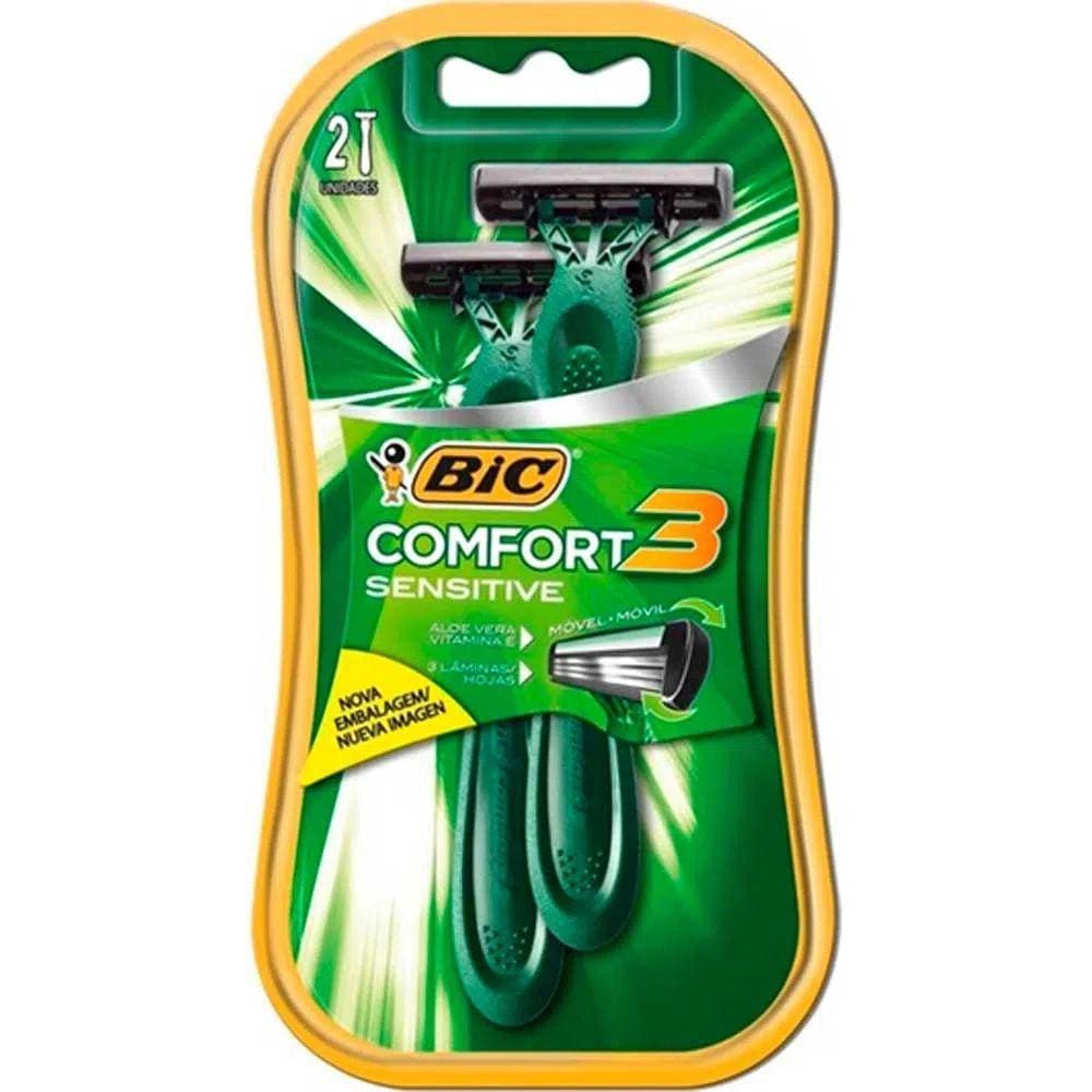 Aparelho de Barbear Bic Comfort Advance Pele Sensível 3 Lâminas 8713191 2 Unidades Fita Lubrificante com Vitamina E Bic Verde Pacote de 2