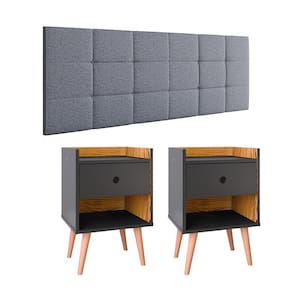 Kit Cabeceira Estofada Modulada Painel Cama Box Casal 1,40 Bia Cinza Linho e 2 Mesinhas Pequena Retrô Canto Quarto Decore Preto/Nature -Lojas RPM