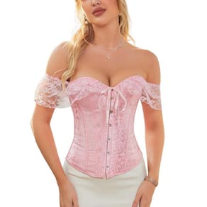 Corset Corselet Blusa Modeladora Manga Curta Renda Floral Linha Clássica Rosa Claro M699