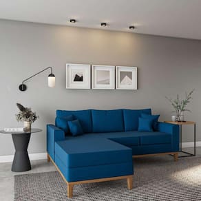 sofá 3 lugares cotrin com chaise esquerdo linho azul marinho