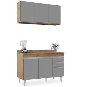 Armário Virgínia e Balcão com Tampo Michigan 120cm Castanho/Cinza