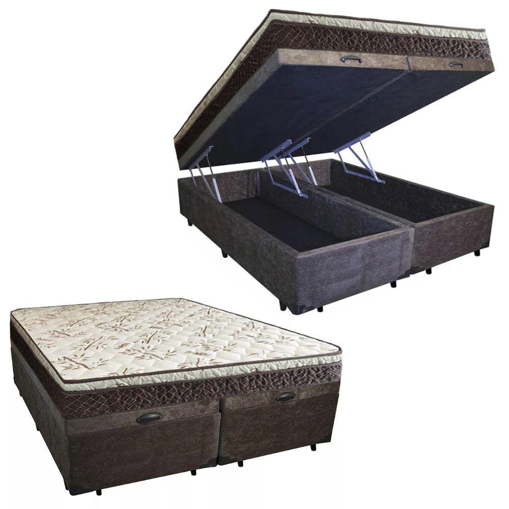 Cama Box Baú Queen Suede Bipartido + Colchão Elegance Ortopédico Espuma D33 Extra Firme 63x158x198
