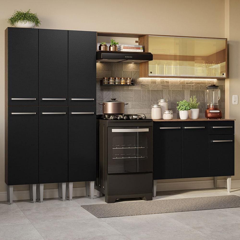 Armário De Cozinha Completa 261Cm Madesa 05 Rustic/Preto