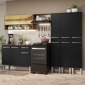 Armário De Cozinha Completa 261Cm Madesa 08 Rustic/Preto