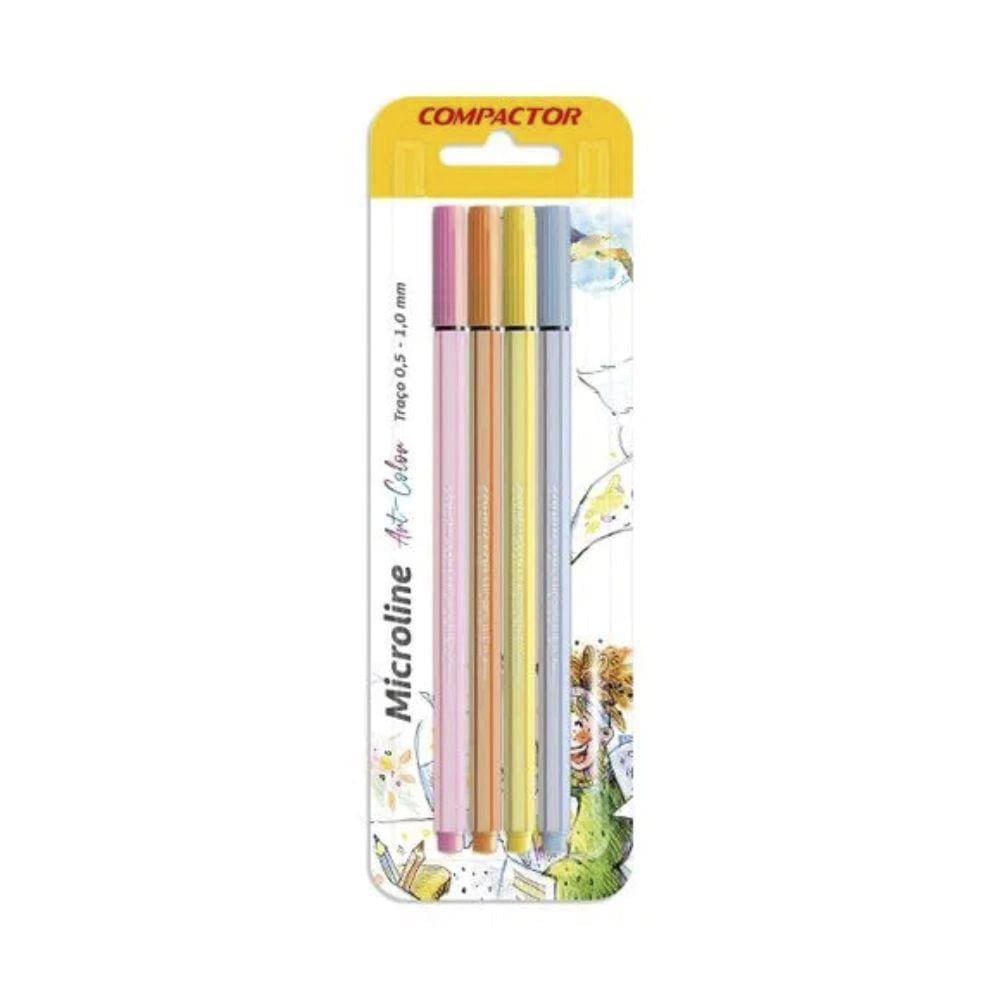 Caneta Hidrográfica Compactor Microline 0.4mm Cores Pastel com 4 Unidades