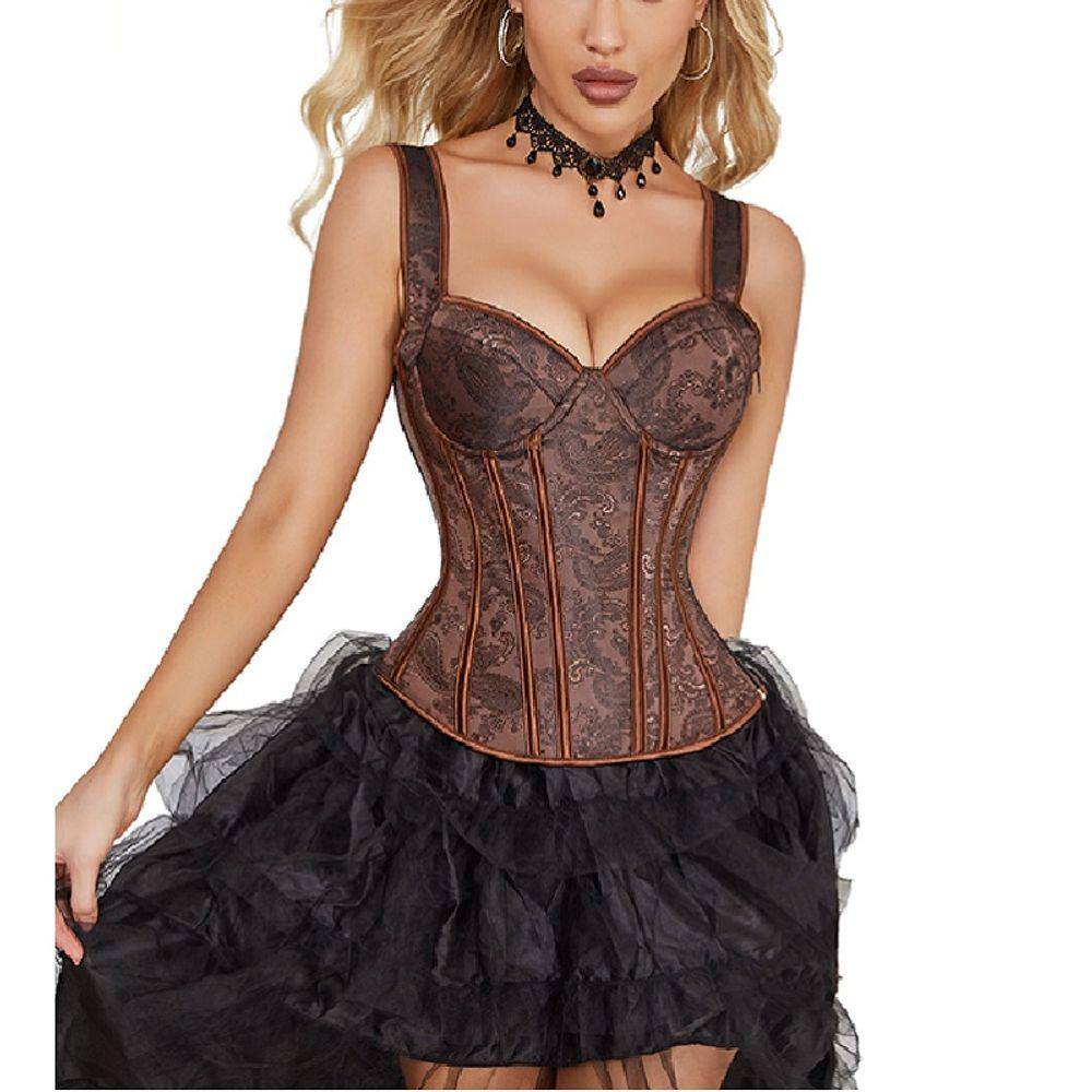 Corset Corselet Floral Bojo Alça Modela Cintura Valoriza Busto Marrom Linha Fashion M682