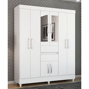 Guarda Roupa Roupeiro Solteiro 82060 08 Portas 02 Gavetas c/ Espelho Munique Branco Demóbile