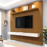Painel  Para Tv Até 75 Polegadas Ripado Impressão 3D Egeo Com Nicho 2,25m Cedro Off White EDN
