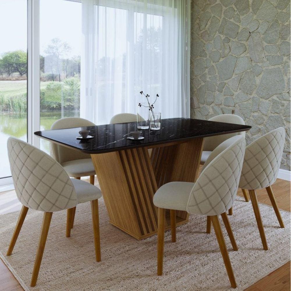 Conjunto Mesa 160x90cm Tampo Marmorizado com Vidro e 6 Cadeiras Ibiza Ediane Yescasa Preto Marmorizado/Bege