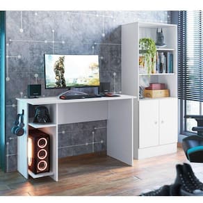 Conjunto Home Office 2 Peças Mesa Escritório/Gamer e Armário 2 Portas 5 Prateleiras Espresso Móveis Branco