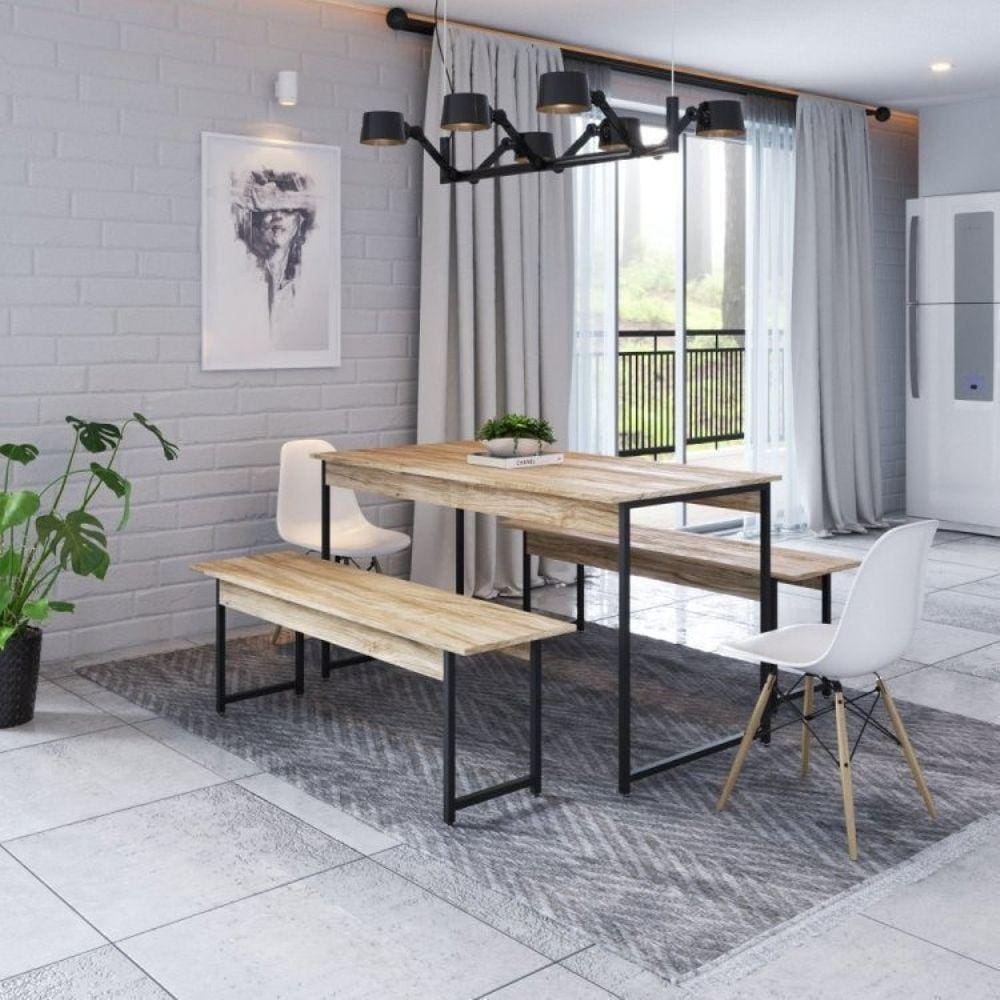 Conjunto Mesa de Jantar com 2 Banco e 2 Cadeiras Eames Base Madeira Espresso Móveis Carvalho