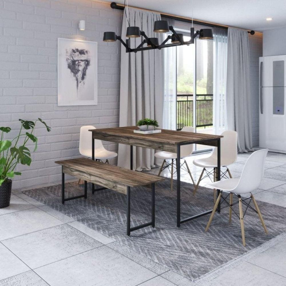 Conjunto Mesa de Jantar com 1 Banco e 4 Cadeiras Eames Base Madeira Espresso Móveis Carvalho Dark