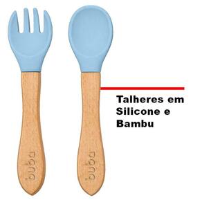 Kit Talheres Silicone e Bambu Azul Colher e Garfo Buba