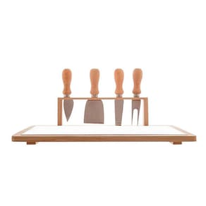 Conjunto Bandeja de Bambu e Cerâmica com 4 pçs para Queijo de Aço Inox com Cabo de Bambu 33x26,5cm 7147 - Lyor