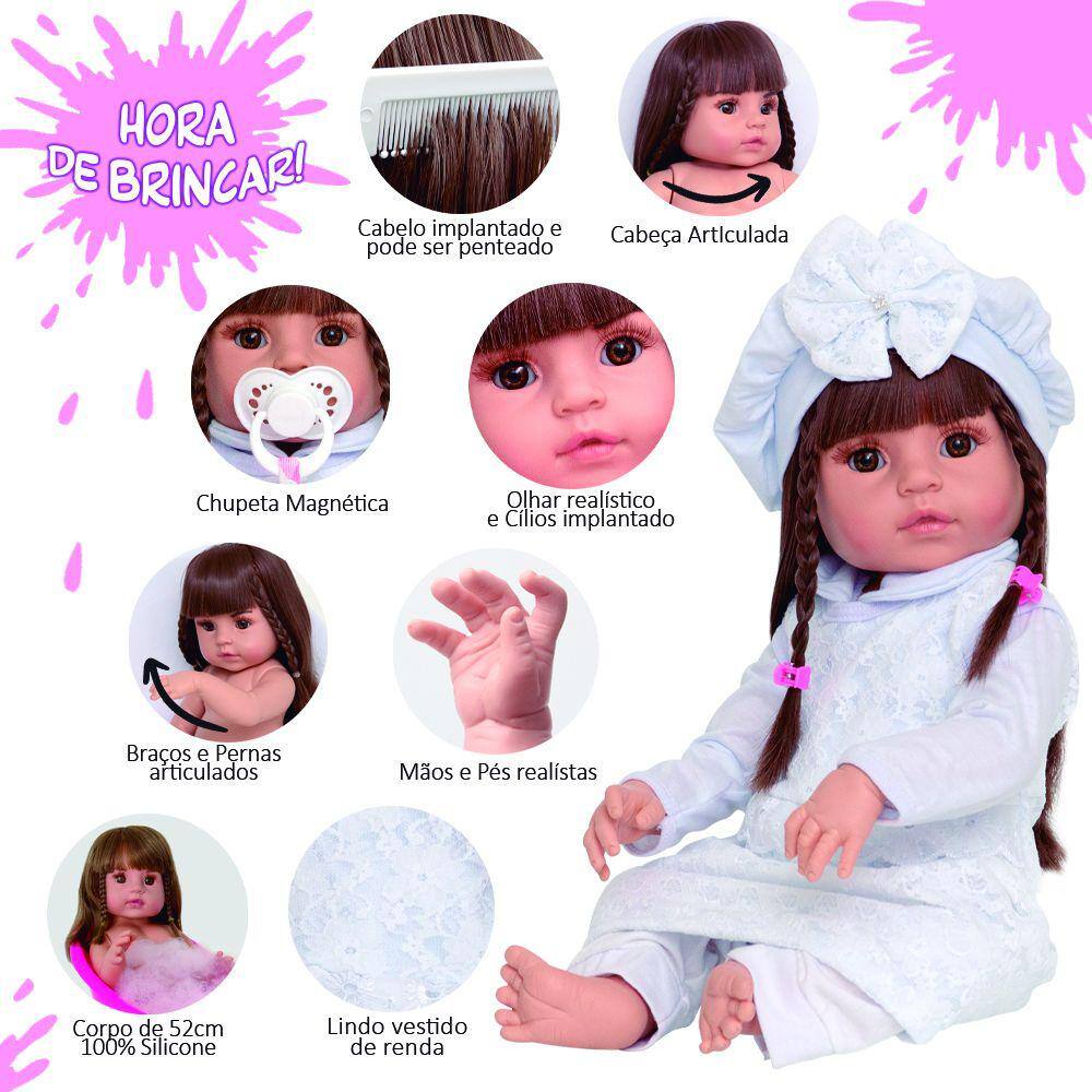 Boneca Bebê Reborn vestido bailarina cabelo fio a fio 100% vinil