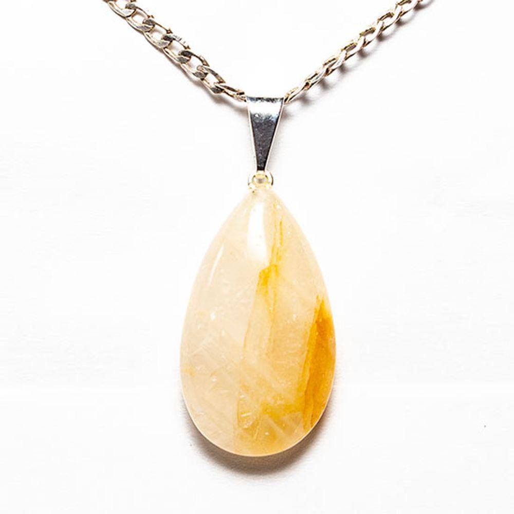 Colar Gota Hematoide Amarelo Pedra Natural Pino Prateado