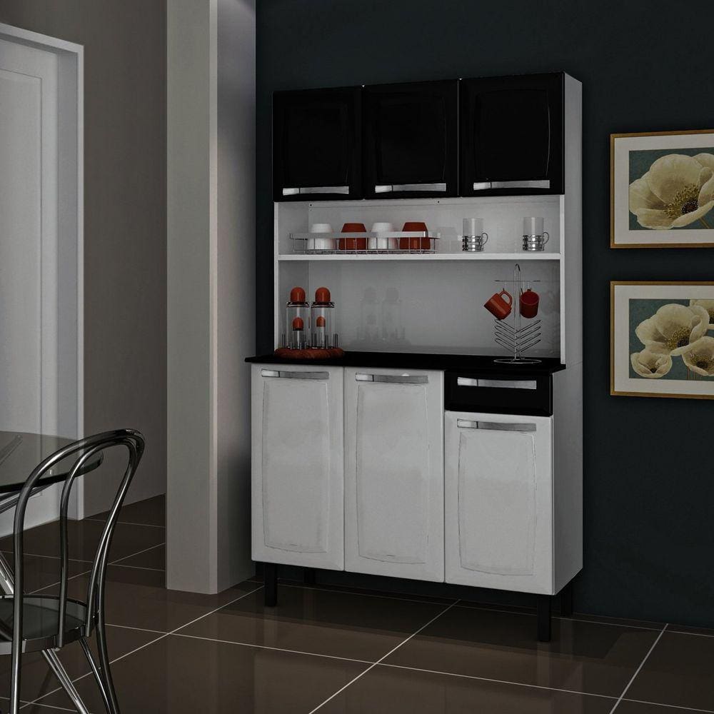 Conjunto Cozinha com Tampo 6 Portas 1 Gaveta Rose Itatiaia Branco/Preto