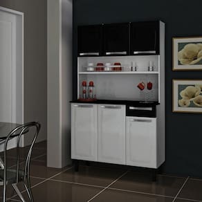 Conjunto Cozinha com Tampo 6 Portas 1 Gaveta Rose Itatiaia Branco/Preto