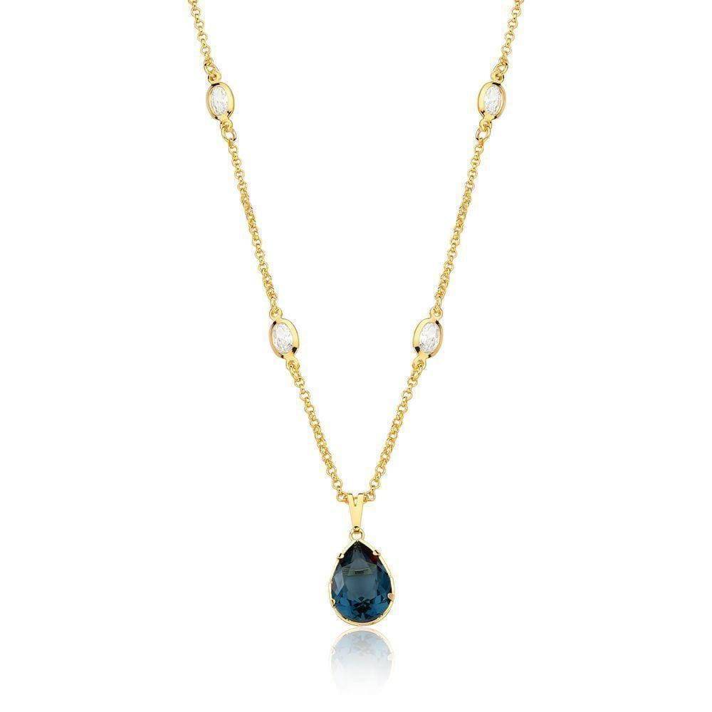 Colar Crystal Drop Blue Revestido Em Ouro