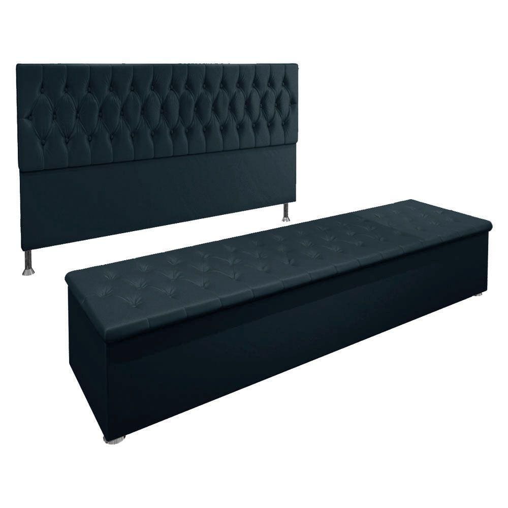 Kit Cabeceira e Calçadeira Baú King 1,95m Madrid Suede Azul Marinho - Pallazio
