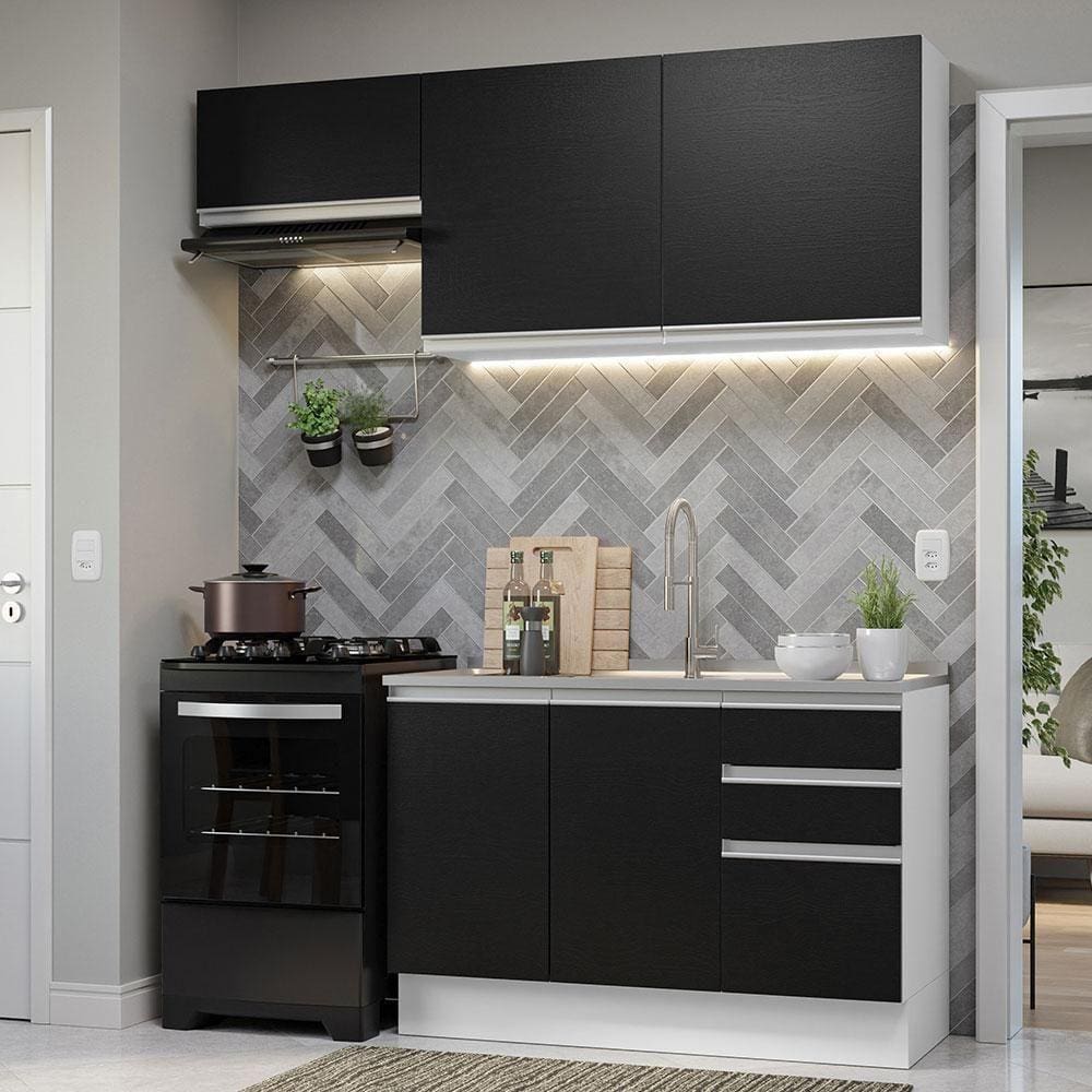 Armário De Cozinha 180Cm Branco/Preto Glamy 09 Branco/Preto