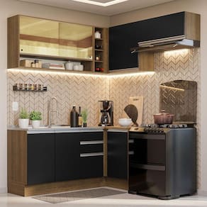 Armário De Cozinha 349Cm Rustic/Preto Glamy 06 Rustic/Preto