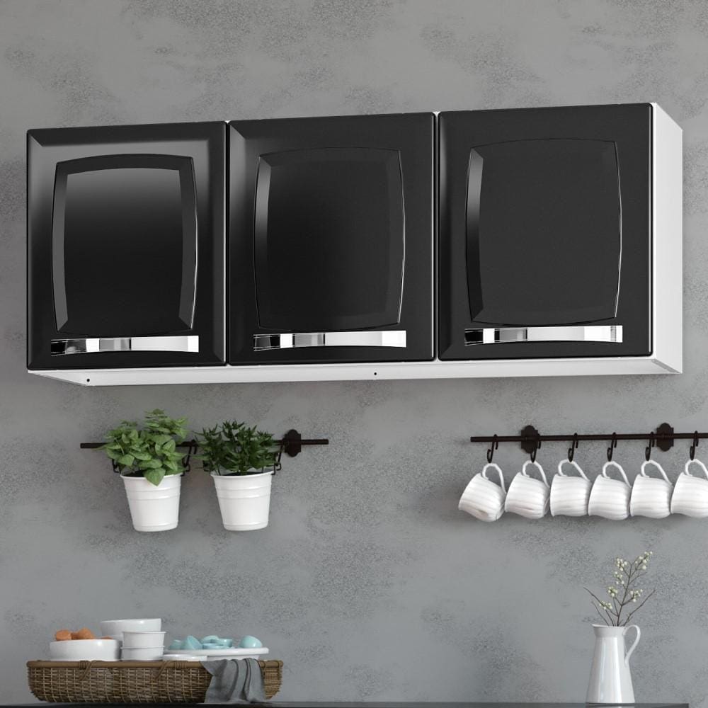 Armário Aéreo Suspenso 3 Portas 1 Prateleira Cozinha Modulada 105 cm Organizador Itatiaia Preto