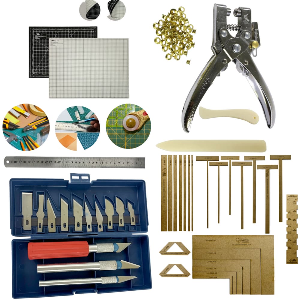 Kit Base de Corte 60x45 Cartonagem Gabaritos Alicate Fura Prega Ilhos Jogo de Estilete Régua 60cm Dobradeira Vincador