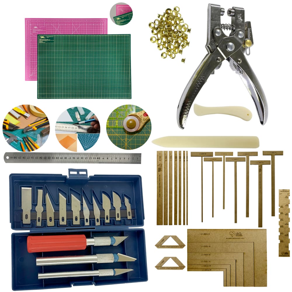 Kit Base de Corte 60x45 Cartonagem Gabaritos Alicate Fura Prega Ilhos Jogo de Estilete Régua 60cm Dobradeira Vincador