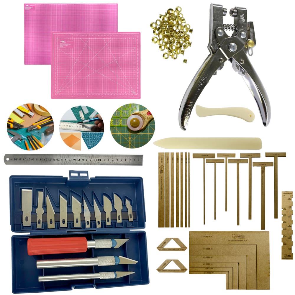 Kit Base de Corte 60x45 Cartonagem Gabaritos Alicate Fura Prega Ilhos Jogo de Estilete Régua 60cm Dobradeira Vincador