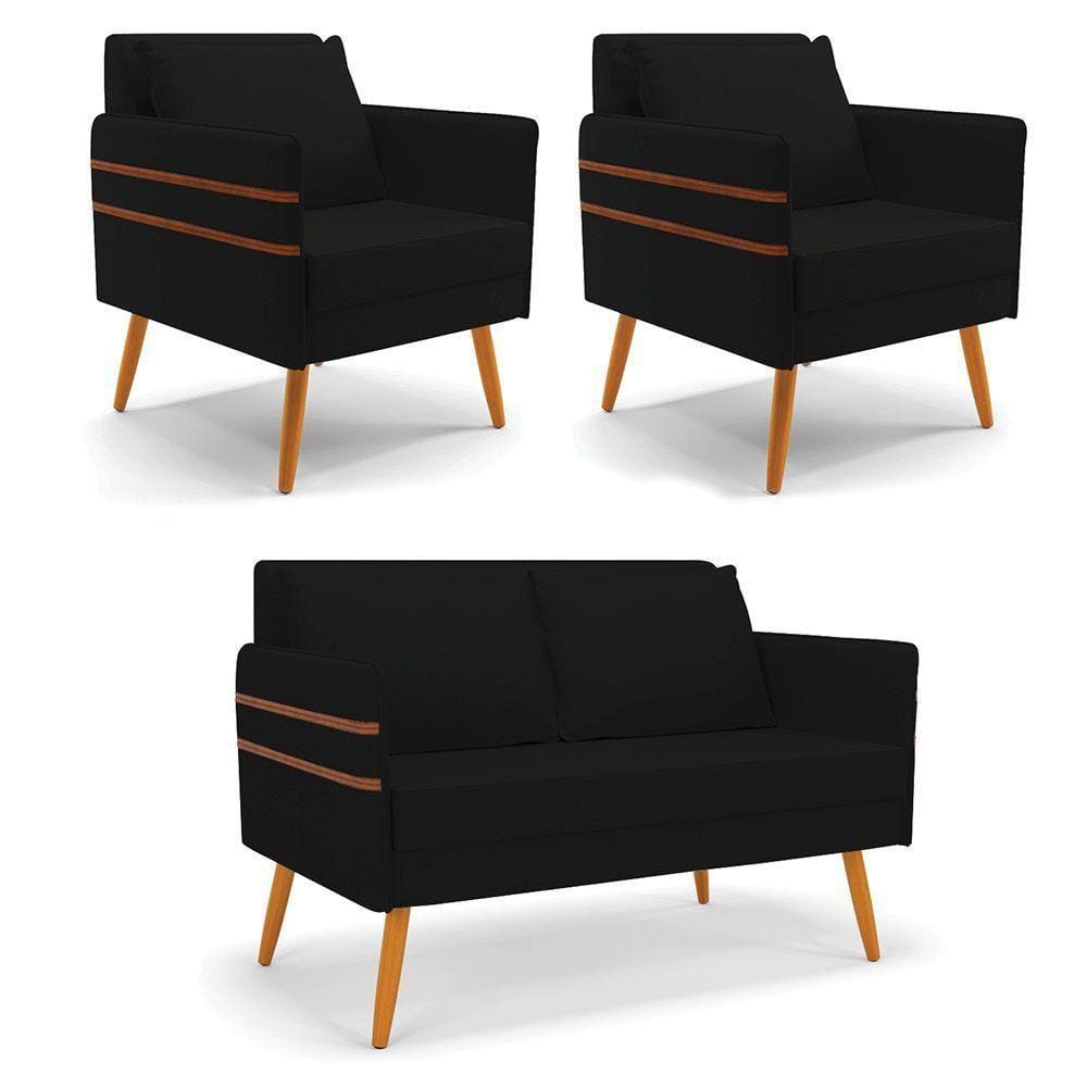 Kit 01 Namoradeira E 02 Poltronas Linho Preto A79 Castanho