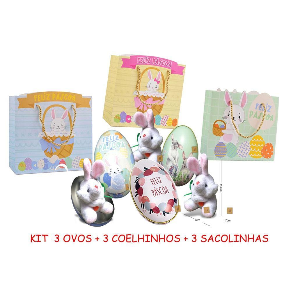 Kit Páscoa 3 Ovos de Metal + 3 Coelhos Pelúcia + 3 Sacolas