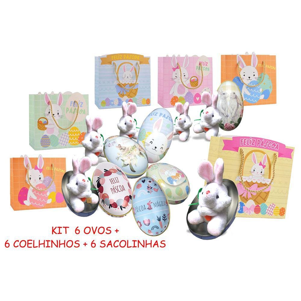 Kit Páscoa 6 Ovos de Metal + 6 Coelhos Pelúcia + 6 Sacolas