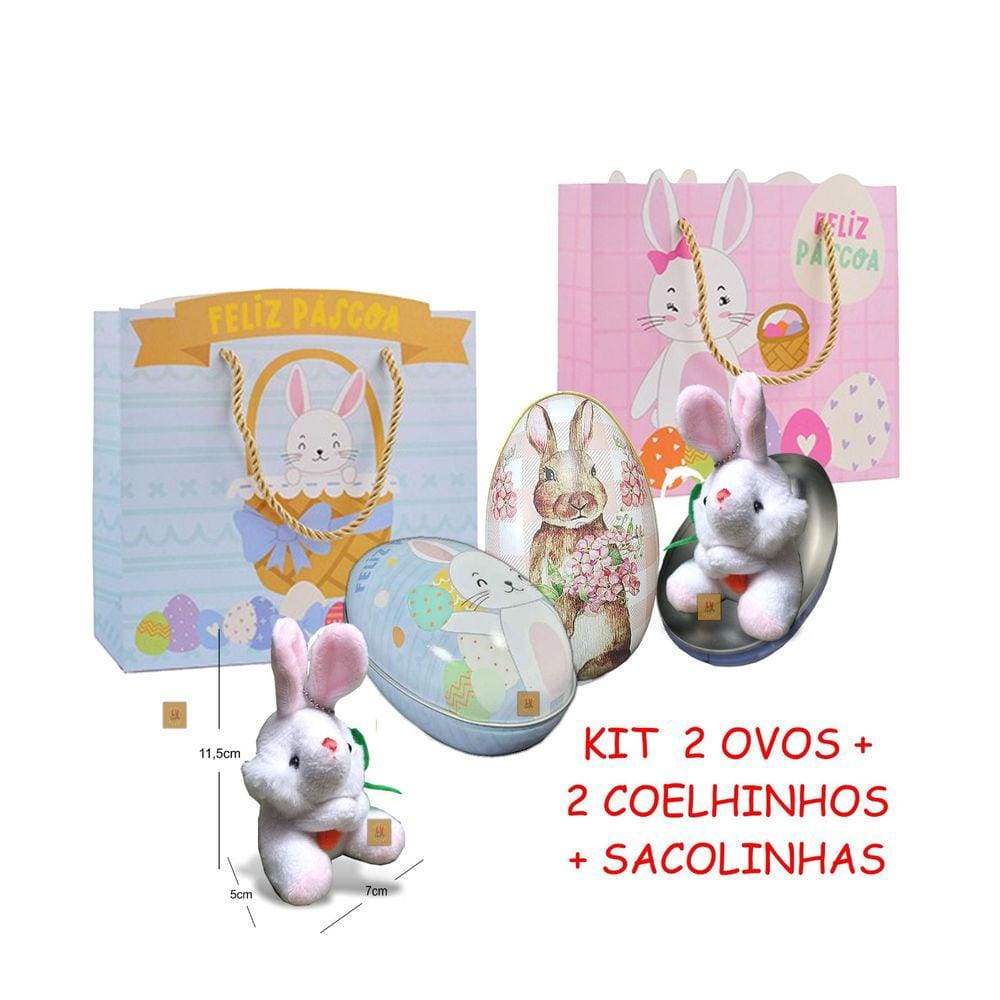 Kit Páscoa 2 Ovos de Metal + 2 Coelhos Pelúcia + 2 Sacolas