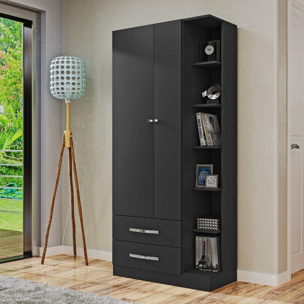 Guarda Roupa Solteiro 2 Portas 2 Gavetas Moju Marafon Móveis Preto