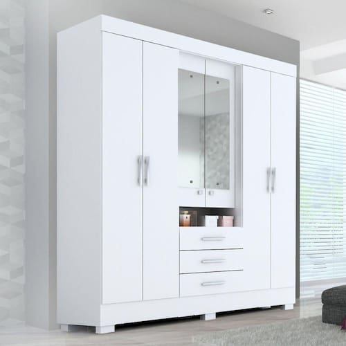 imagem-Guarda Roupa Casal 6 Portas 3 Gavetas Capelinha com Espelho 100% MDF Débora ACP Móveis Branco