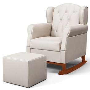 Poltrona de Amamentação Base de Madeira Balanço e Puff Lucy P04 Suede Bege - Mpozenato