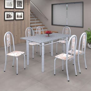 Conjunto de Mesa 140x75cm Tampo de Granito com 6 Cadeiras Iris A Soma Móveis Botanic Bege/Martelado Pérola/Granito
