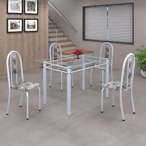 Conjunto de Mesa 120x75cm Tampo de Vidro com 4 Cadeiras Iris A Soma Móveis Paraopeba/Martelado Pérola