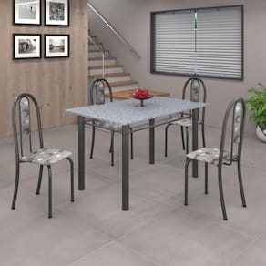 Conjunto de Mesa 120x75cm Tampo em Granito com 4 Cadeiras Iris A Soma Móveis Paraopeba/Martelado Prata/Granito