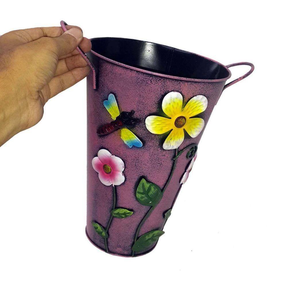 Balde Vaso Enfeite De Ferro Com Alça Flor Libelula Rosa